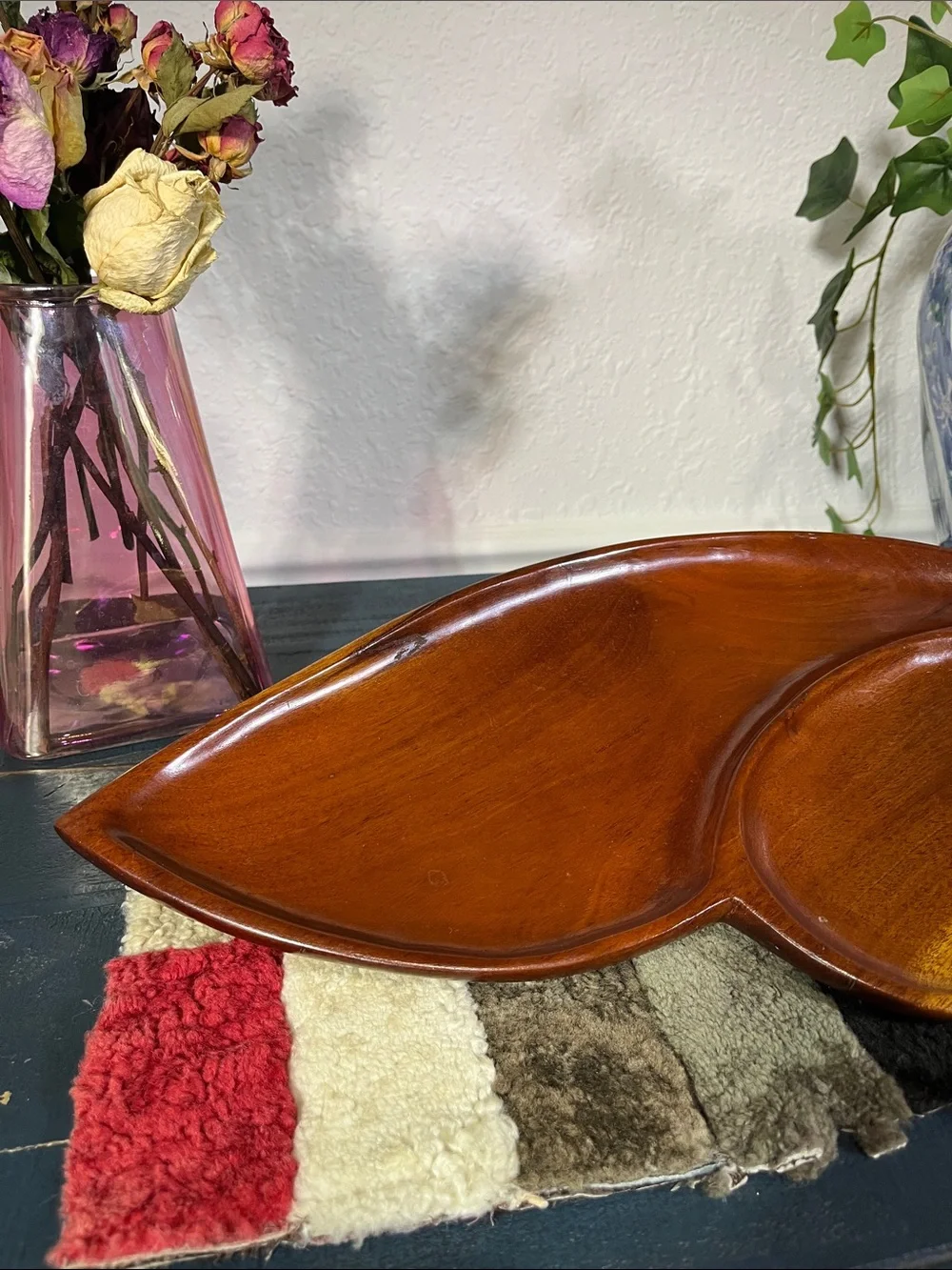 Vintage MCM Monkey Pod Wood Serving Tray 3 Compartment Snack Dish